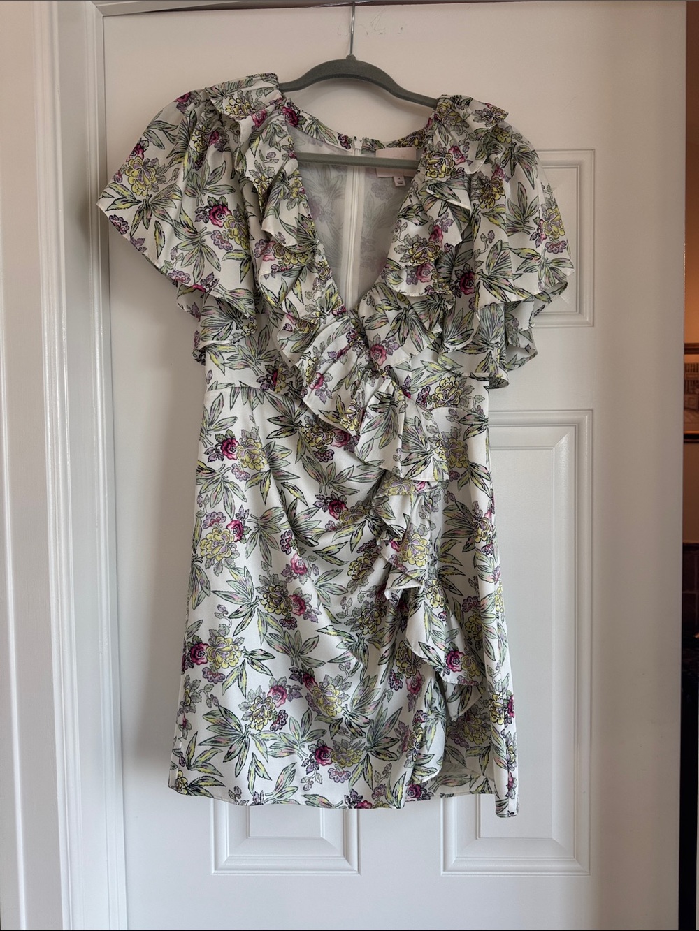 cinq a sept Ivory Floral Ruffle Wrap Dress with Pink & Green Details